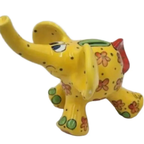Ganz Signed by PATI, hand painted ceramic yellow polka dotted w/ orange flowers - Picture 6 of 7